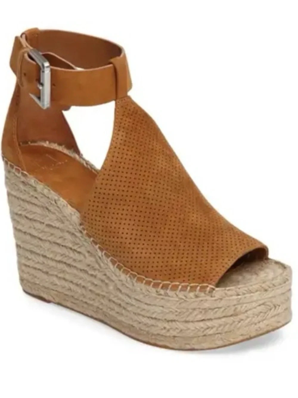 Marc Fisher Cognac Perforated Espadrille Wedge Sandals with Ankle Strap